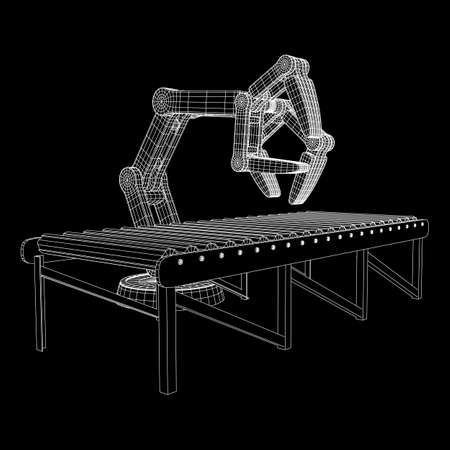 Robotic arm manufacture technology industry assembly mechanic hand and regular empty roller conveyor section wireframe low poly mesh vector illustrationのイラスト素材