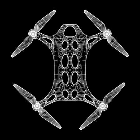 Remote control air drone. Dron flying with action video camera. Wireframe low poly mesh vector illustrationのイラスト素材