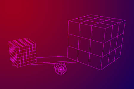 Simple seesaw scales weighing big and small abstract box. Balance, comparison and equality concept. . Wireframe low poly mesh vector illustrationのイラスト素材