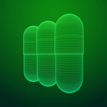 Medical capsule pill wireframe low poly mesh object. Vector illustration