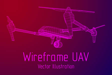 Remote control air drone. Dron flying with action video camera. Wireframe low poly mesh vector...