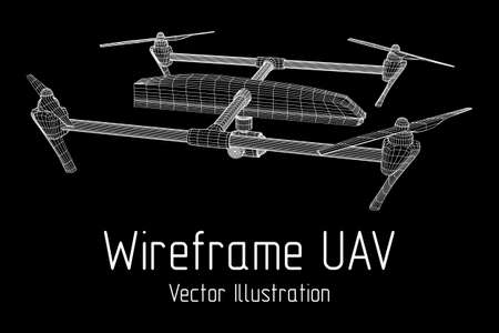Remote control air drone. Dron flying with action video camera. Wireframe low poly mesh vector illustrationのイラスト素材