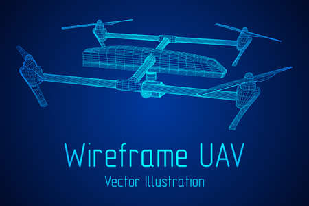Remote control air drone. Dron flying with action video camera. Wireframe low poly mesh vector...