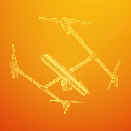 Remote control air drone. Dron flying with action video camera. Wireframe low poly mesh vector...