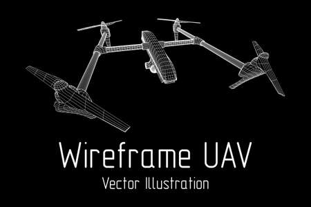 Remote control air drone. Dron flying with action video camera. Wireframe low poly mesh vector illustrationのイラスト素材