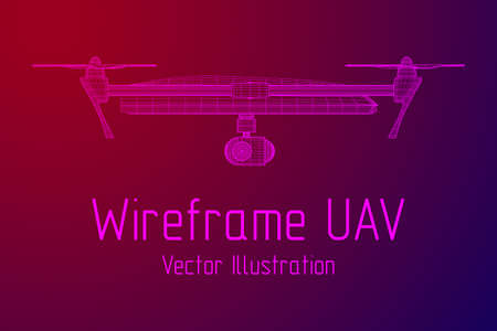 Remote control air drone. Dron flying with action video camera. Wireframe low poly mesh vector...