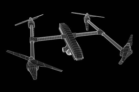 Remote control air drone. Dron flying with action video camera. Wireframe low poly mesh vector...