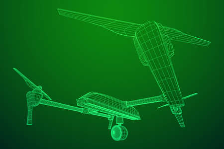 Remote control air drone. Dron flying with action video camera. Wireframe low poly mesh vector illustrationのイラスト素材