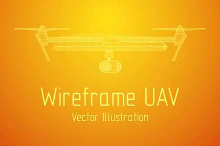 Remote control air drone. Dron flying with action video camera. Wireframe low poly mesh vector illustrationのイラスト素材