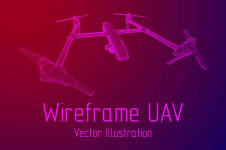 Remote control air drone. Dron flying with action video camera. Wireframe low poly mesh vector illustrationのイラスト素材