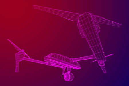 Remote control air drone. Dron flying with action video camera. Wireframe low poly mesh vector illustrationのイラスト素材