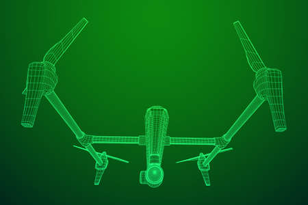 Remote control air drone. Dron flying with action video camera. Wireframe low poly mesh vector illustrationのイラスト素材