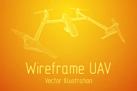Remote control air drone. Dron flying with action video camera. Wireframe low poly mesh vector illustrationのイラスト素材