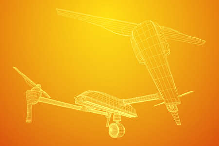 Remote control air drone. Dron flying with action video camera. Wireframe low poly mesh vector...