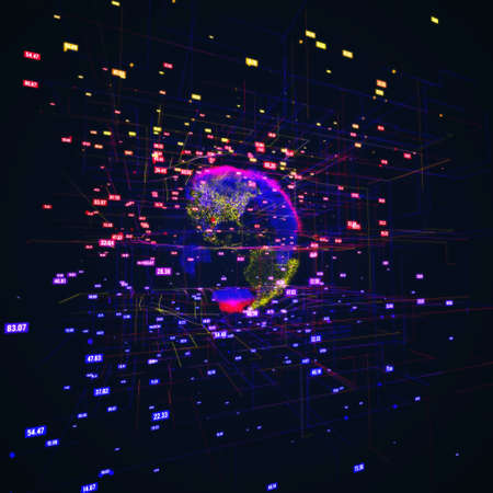 Big data visualization with digital Earth. HUD grid corners 3d render background. Analysis of...
