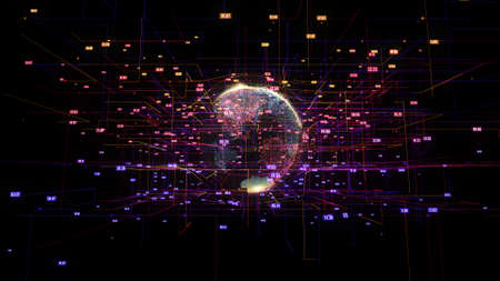 Big data visualization with digital Earth. HUD grid corners 3d render background. Analysis of...