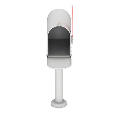 Mailbox with open door and raised flag. 3d render illustration isolated on white background.の写真素材