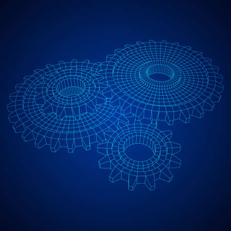 Gears. Mechanical technology machine engineering symbol. Industry development, engine work, business solution concept. Wireframe low poly mesh vector illustrationのイラスト素材