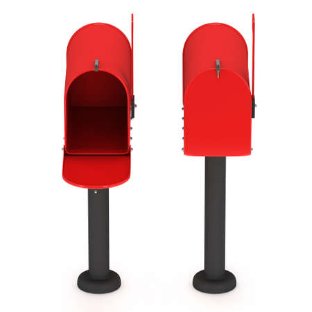 Mailbox with open door and raised flag. 3d render illustration isolated on white background.の写真素材