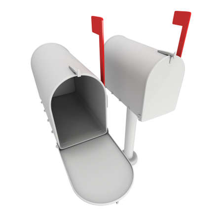 Mailbox with open door and raised flag. 3d render illustration isolated on white background.の写真素材