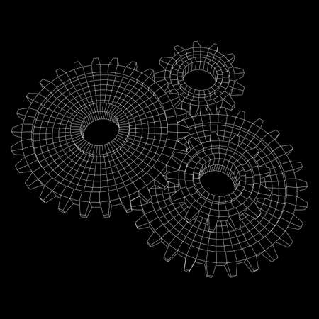 Gears. Mechanical technology machine engineering symbol. Industry development, engine work, business solution concept. Wireframe low poly mesh vector illustrationのイラスト素材