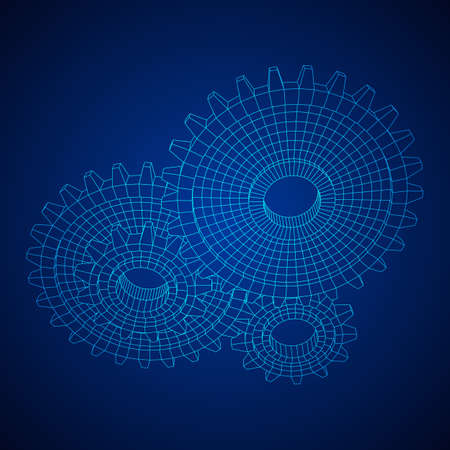 Gears. Mechanical technology machine engineering symbol. Industry development, engine work, business solution concept. Wireframe low poly mesh vector illustrationのイラスト素材