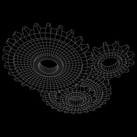 Gears. Mechanical technology machine engineering symbol. Industry development, engine work, business solution concept. Wireframe low poly mesh vector illustrationのイラスト素材