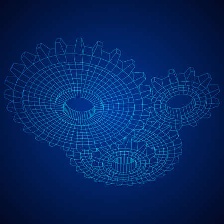 Gears. Mechanical technology machine engineering symbol. Industry development, engine work, business solution concept. Wireframe low poly mesh vector illustrationのイラスト素材