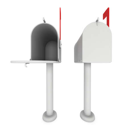 Mailbox with open door and raised flag. 3d render illustration isolated on white background.の写真素材