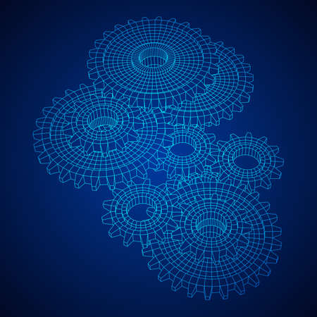 Gears. Mechanical technology machine engineering symbol. Industry development, engine work, business solution concept. Wireframe low poly mesh vector illustrationのイラスト素材