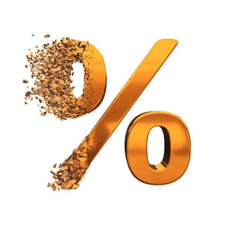 Fractured Percentage Sign gold model with disappearing effect. Discount concept. 3d render isolated...