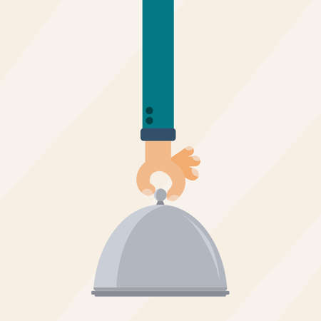 Restaurant cloche in hand. Closed food serving tray plate and elegant waiter hand. Flat vector illustration.のイラスト素材