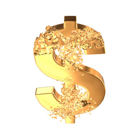 Fractured Gold Dollar value with disappearing effect. Financial crisis concept. 3d render isolated...