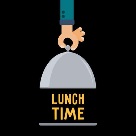 Restaurant cloche in hand lunch time. Empty blank food serving tray plate and elegant waiter hand. Flat vector illustration.のイラスト素材