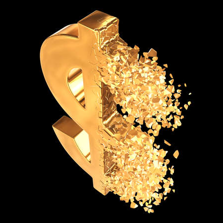 Fractured Gold Dollar value with disappearing effect. Financial crisis concept. 3d render on black...