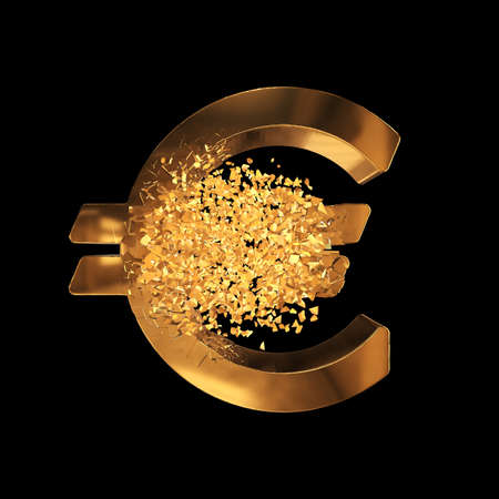 Fractured Euro value 3d model with disappearing effect. Financial crisis concept. 3d render on black backgroundの写真素材
