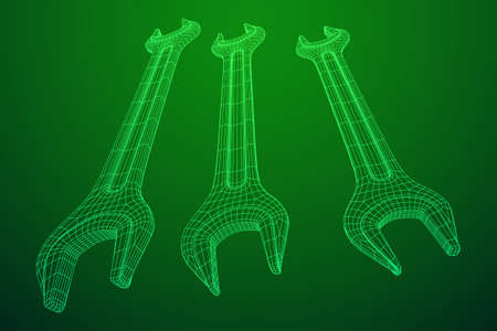 Wrench. Spanner repair tool. Mechanic or engineer instruments. Support service wireframe low poly mesh vector illustrationのイラスト素材