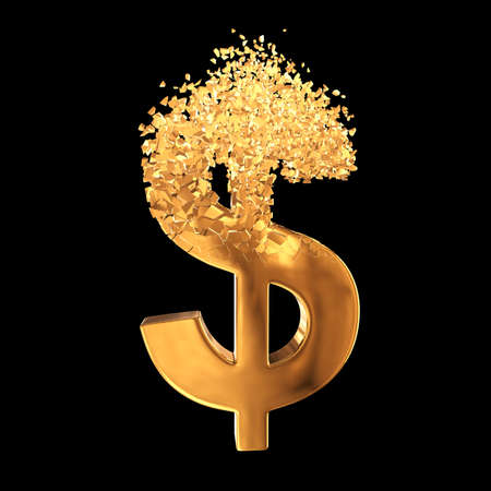 Fractured Gold Dollar value with disappearing effect. Financial crisis concept. 3d render on black backgroundの写真素材