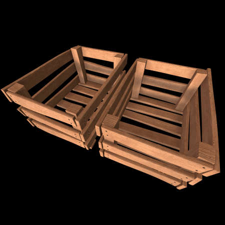 Wooden box for transportation and storage of products. Empty crate for fruits and vegetables. 3d render on black background.の写真素材