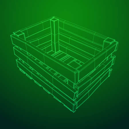 Wooden box for transportation and storage of products. Empty crate for fruits and vegetables. Model wireframe low poly mesh vector illustrationのイラスト素材