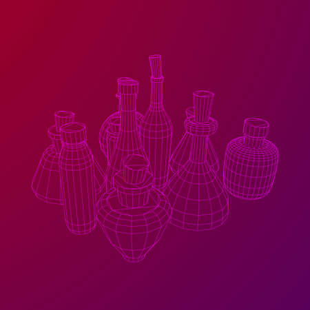 Different wine bottles. Model wireframe low poly mesh vector illustrationのイラスト素材