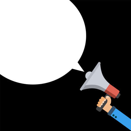 Hand holding megaphone with bubble speech. Loudspeaker banner for business, marketing and advertising. Vector illustration.のイラスト素材