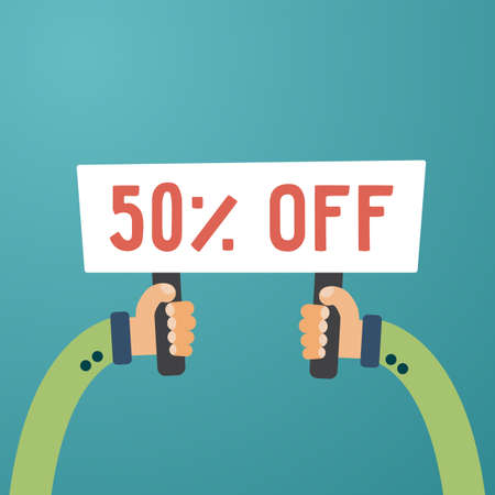 Nameplate banner in hands with 50 percent off text. Banner for business, marketing and advertising....