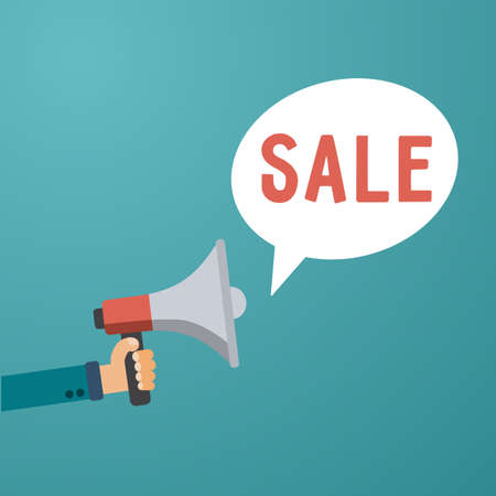 Hand holding megaphone with bubble speech sale text. Loudspeaker banner for business, marketing and advertising. Vector illustration.のイラスト素材