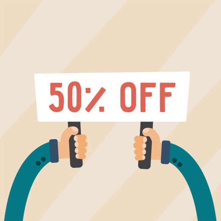 Nameplate banner in hands with 50 percent off text. Banner for business, marketing and advertising....