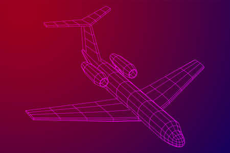 Private Jet Plane Abstract polygonal wireframe business luxury twin engine airplane. Travel aircraft, tourism and vacation concept. Wireframe low poly mesh vector illustrationの写真素材