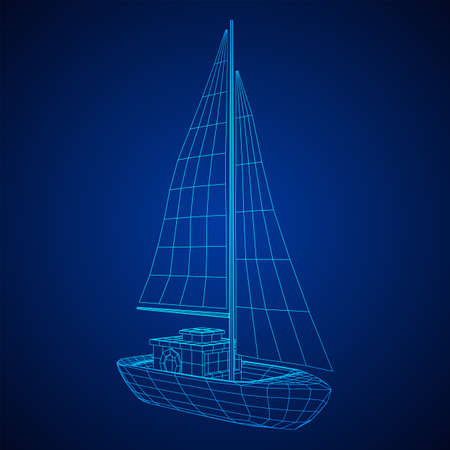 Yacht or sail boat. Luxury yacht race, sea sailing regatta concept. Wireframe low poly mesh vector illustrationのイラスト素材