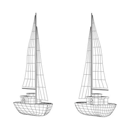 Yacht or sail boat. Luxury yacht race, sea sailing regatta concept. Wireframe low poly mesh vector illustrationのイラスト素材