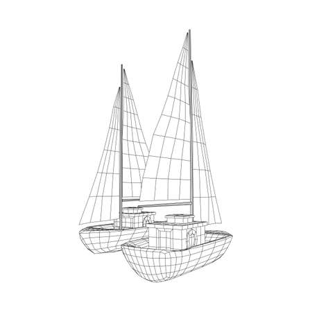 Yacht or sail boat. Luxury yacht race, sea sailing regatta concept. Wireframe low poly mesh vector illustrationのイラスト素材