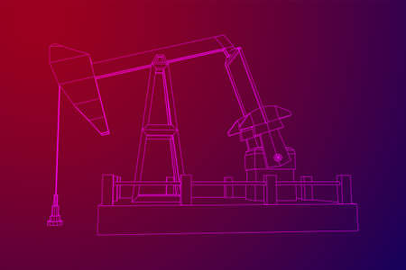 Oil well rig jack. Finance economy polygonal petrol production. Petroleum fuel industry pumpjack derricks pumping drilling. Wireframe low poly mesh vector illustrationのイラスト素材